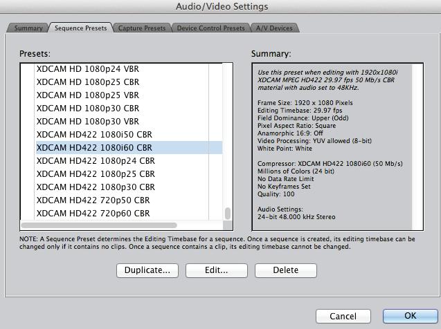 13 3 Hacer click en Edit (Editar) 4 QuickTime Video Settings > Compressor: XDCAM HD422 1080i60 (50 Mb/s) 2 Audio/Video Settings > Sequence Presets > XDCAM HD422 1080i60 CBR