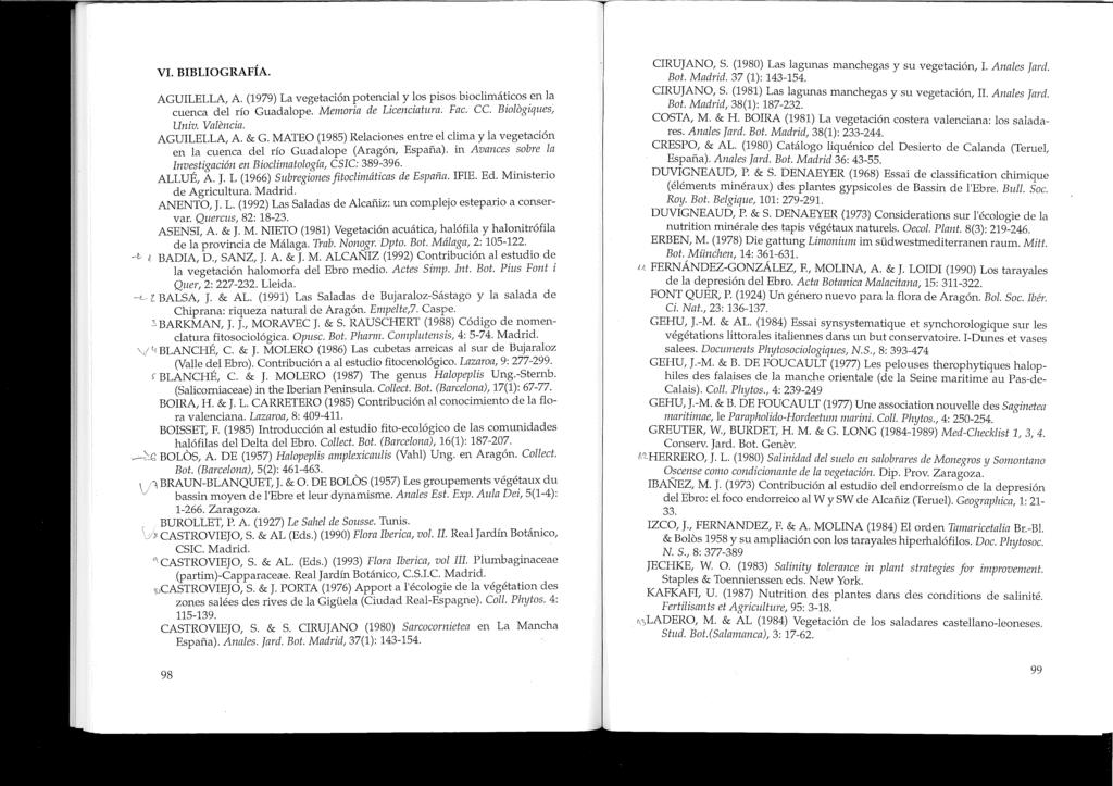VI. BIBLIOGRAFÍA. AGUILELLA, A. (1979) La vegetación potencial y los pisos bioc1imát.ic~s.en la cuenca del río Guadalope. Memoria de Licenciatura. Fac. ce. BlOlogzques, Univ. Valencia..'/ AGUILELLA, A.