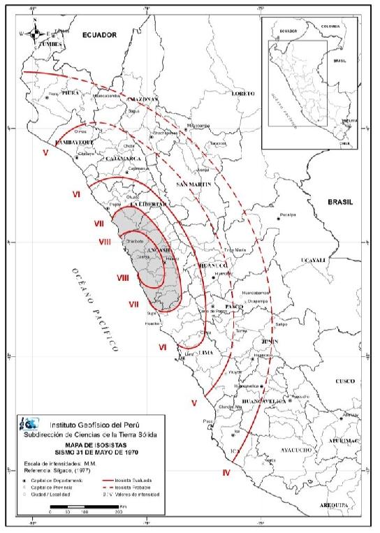 daños en 123 distritos, 307 mil viviendas y a más de 1 millón de personas (Tabla 3). Figura 6: Mapa de isosistas del sismo de 1970.