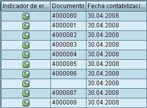 Una vez ejecutada la transacción, el listado se actualiza automáticamente, mostrando en la columna correspondiente, el número de documento creado (el cual se puede visualizar pinchando dos veces