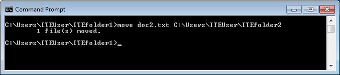 Paso 5: Copiar, eliminar y mover archivos. a. En el símbolo del sistema, escriba move doc2.txt C:\Users\ITEUser\ITEfolder2 para mover el archivo doc2.txt al directorio C:\Users\ITEUser\ITEfolder2. b.