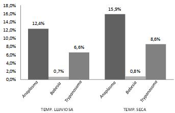 encontradas en la época de lluvia: Anaplasma marginale 12.4% (105/847), Babesia sp. 0,6% (6/847) y Trypanosoma sp. 6,6% (56/ 847) (Figura 5). Figura 3.