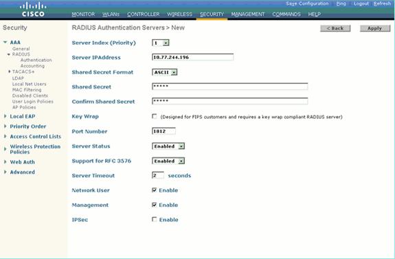 Paso 1. Configure el WLC para la autenticación de RADIUS a través del servidor del Cisco Secure ACS.