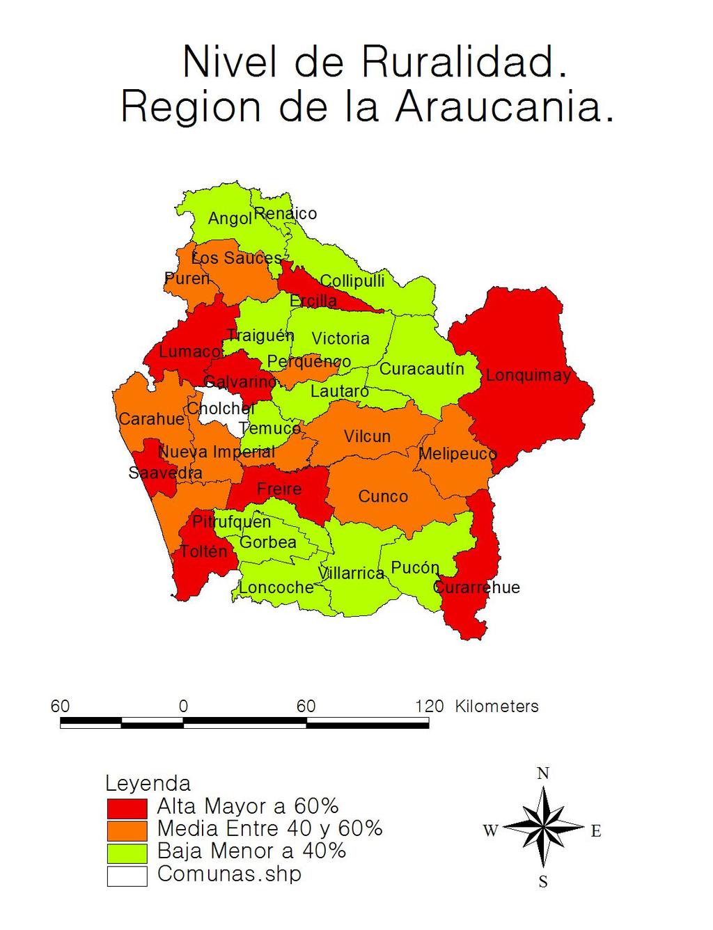 Mapa Nº 3: Ruralidad por comuna en la Región de la Araucanía.