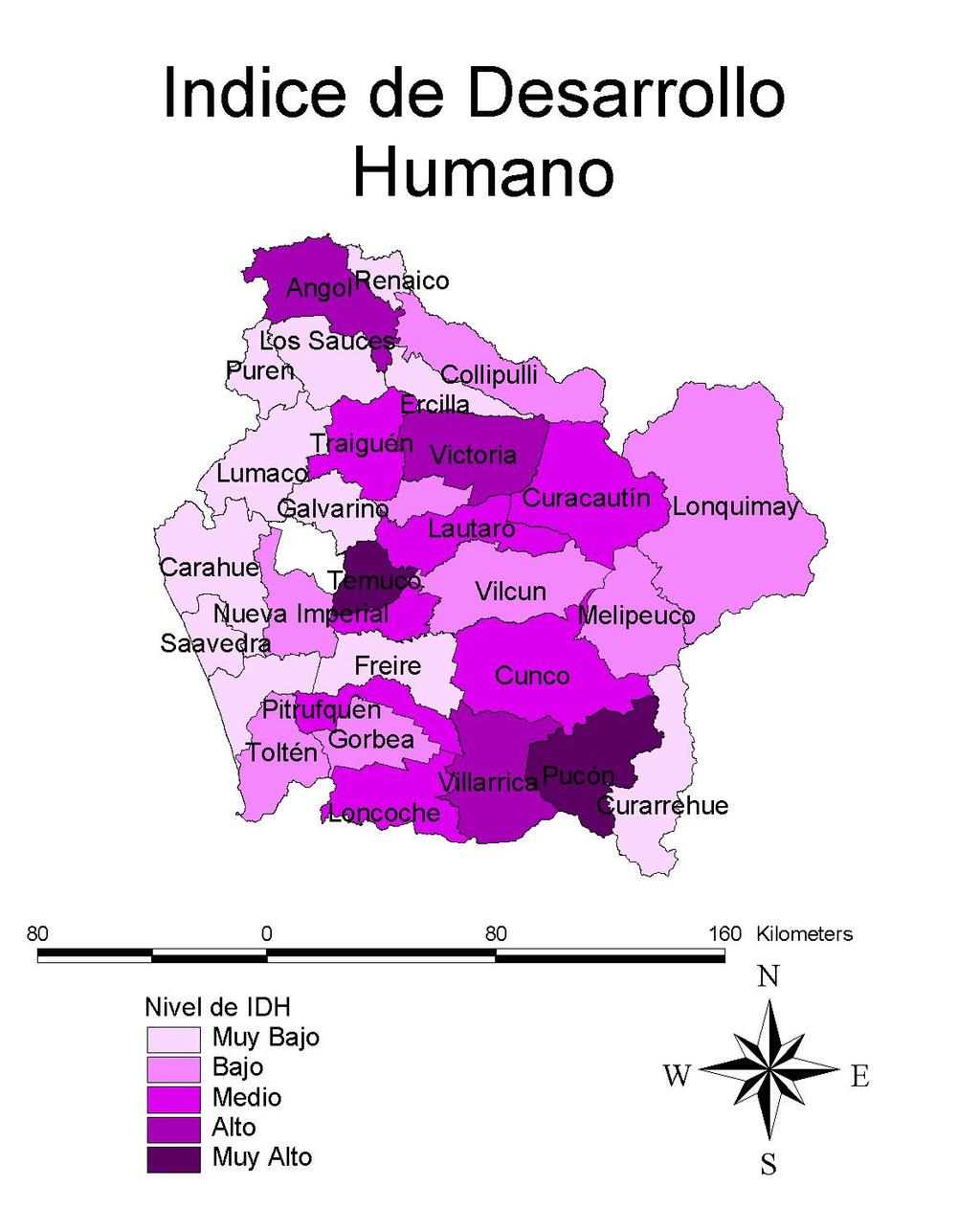 Mapa Nº 5: IDH en la Región de la Araucanía.