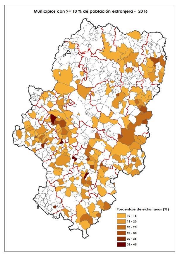 (2003) Municipios con >= 10 % de población extranjera (2016) La comarca aragonesa que disponía de más población extranjera en 2016, en términos