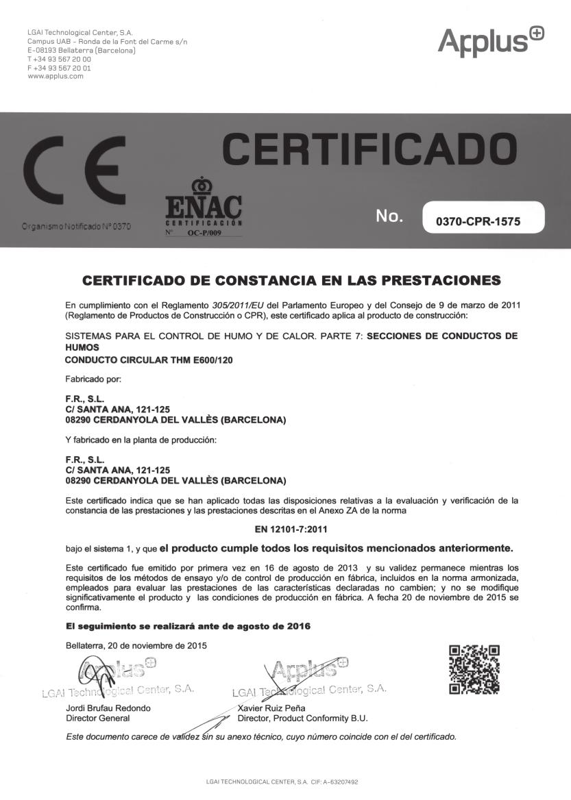 Certificado de clasificación de la Resistencia al fuego y marcado CE del conducto circular FR unión Metu THM