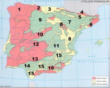 3) El mapa muestra las unidades litológicas de la Península Ibérica.
