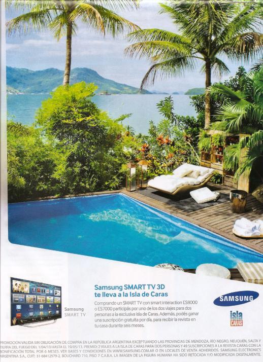 AVISO DE PROMOCIÓN ANÁLISIS DEL AVISO A- TITULAR Samsung SMART TV 3D te lleva a la Isla de Caras. B- IMAGEN Paisaje de la Isla de Caras.
