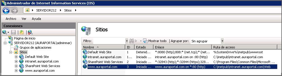 En Ruta de acceso física: (3) seleccionar el directorio \Web de la instalación de AuraPortal. En Nombre de host: (4) poner el que se desea, por ejemplo, www.