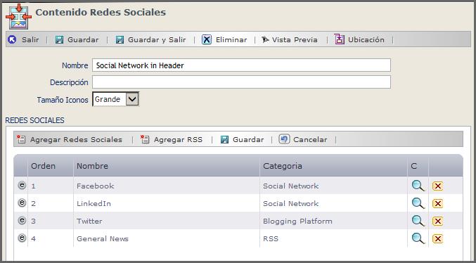 Al igual que las Páginas y el resto de los Contenidos, las Redes Sociales también pueden ubicarse en Capítulos organizados en un Árbol.