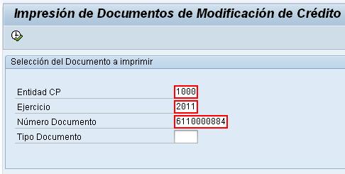 4.3 Formulario de Documentos RUTA CÓDIGO Menú SAP Modificaciones Presupuestarias Formulario de Documentos ZI003 Accedemos a Visualizar la Impresión de documentos de modificación de crédito; para ello