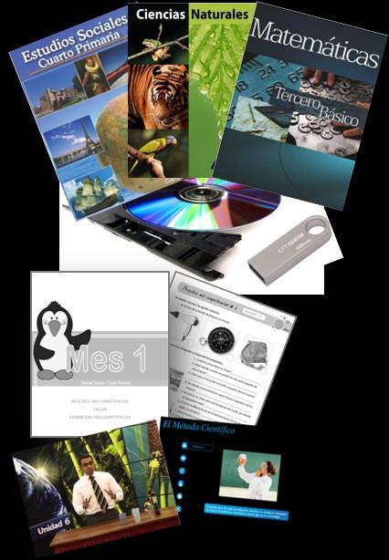 Libros de texto en blanco y negro con Recursos audiovisuales Contenido principal: Libros impresos en blanco y negro Videos y animaciones * (USB o DVD) Actividades interactivas * * (Opcional con