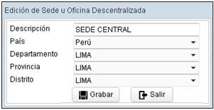 Editar Sede Para modificar los datos registrados de una Sede u Oficina Descentralizada, dar clic en el registro de la Sede correspondiente y luego seleccionar el icono Editar.