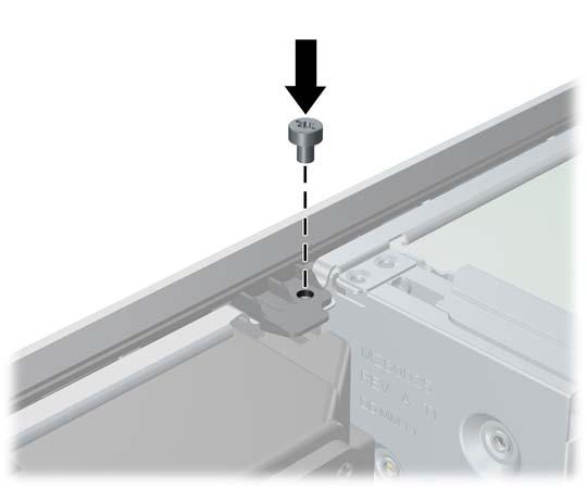 Instale el tornillo de seguridad junto a la lengüeta de liberación central del panel frontal para segurar el panel frontal en su lugar.