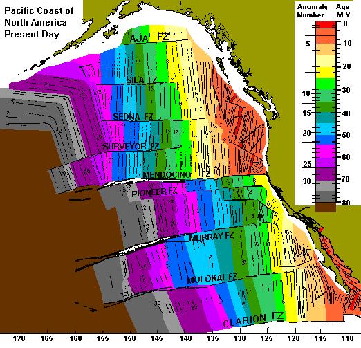 Este mapa muestra las edades de la corteza oceánica de la Placa del Pacífico en el noreste del Océano Pacífico, incluyendo el Golfo de Alaska.