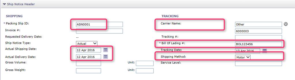 Crear notificación de embarque: Encabezado y partida Si 3M paga el flete directamente al transportista, seleccione Otro (Other) de la lista desplegable Nombre del transportista (Carrier Name) e