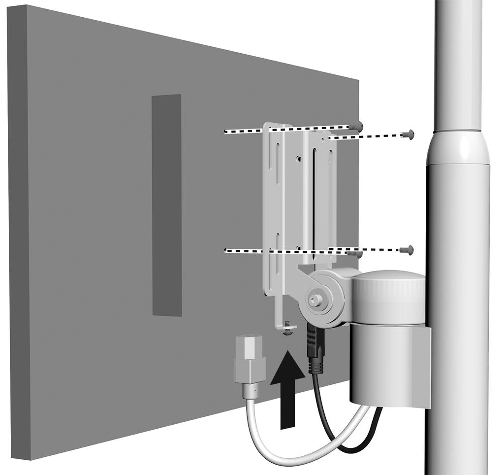 Montaje del monitor Performer de A-dec en una lámpara dental Performer de A-dec 57, 57, 57L o 57L - Guía de instalación Tarea 6. 3 Coloque el monitor en la ménsula. Ajuste el monitor al montaje.