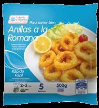 Anillas a la Romana Battered Squid Rings Anillas de calamar, rebozadas y prefritas. Se necesita freír el producto Battered and pre-fried squid rings.