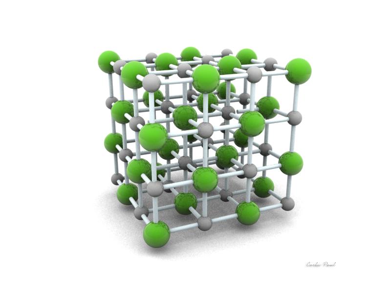 Figura 1. Cloruro de sodio: una estructura cristalina formada por átomos de sodio y de cloro ubicados en un arreglo ordenado y periódico. Imagen tomada de https://abcienciade.wordpress.
