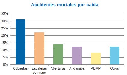 Distribución de casos mortales por caída Elemento relacionado Cubiertas de edificios y construcciones (31%) Escaleras de mano (22%) A través de aberturas, horizontales y verticales