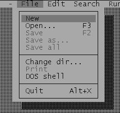 Menú File New: Abre una nueva ventana de Programación. Open: Abre un código fuente existente. Save: Guarda el código fuente de la ventana activa.