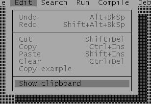 Print: Imprime el código de la ventana activa. Dos shell: Sale al MS-DOS, con retorno al IDE. Quit: Finaliza la aplicación, Sale del IDE. Menú Edit Undo: deshace el último texto pegado.