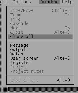 Menú Windows Size/Move: Nos permite cambiar el tamaño de la ventana, así como moverla por el IDE. Zoom: Variar el tamaño de la ventana. Tile: Organiza las ventana en mosaico.