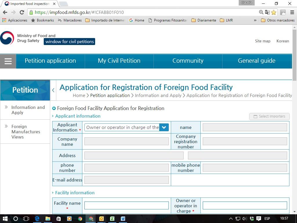 Las empresas que entran en la categoría de Foreign Food Facility deben registrarse ante el MFDS ellos mismos o los es asociados a través de: Formulario Foreign Food Facility Registration Form Annex 1