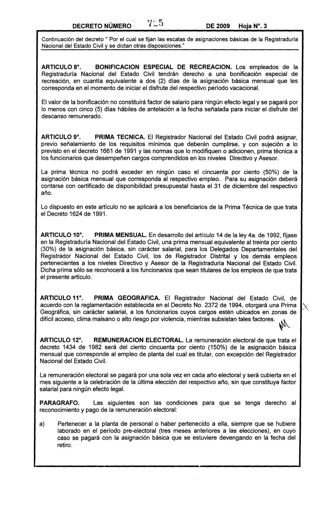 DECRETO NÚMERO DE 2009 Hoja N. 3 ARTICULO 8. BONIFICACION ESPECIAL DE RECREACION.