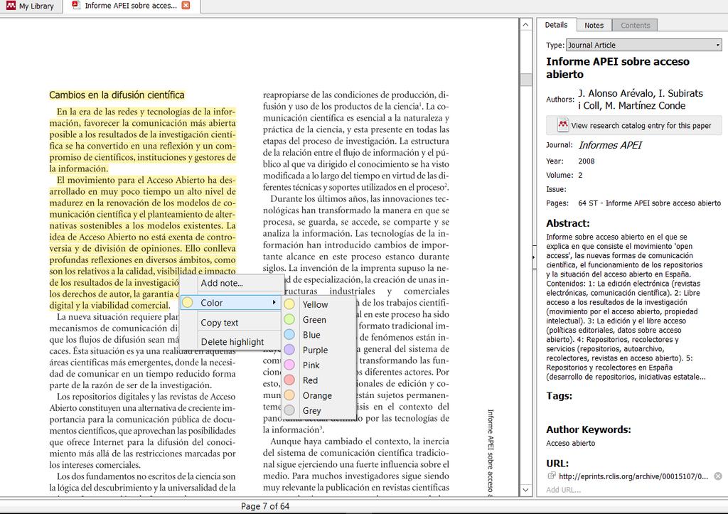 Mendeley Desktop: PDF Subraya con diversos colores