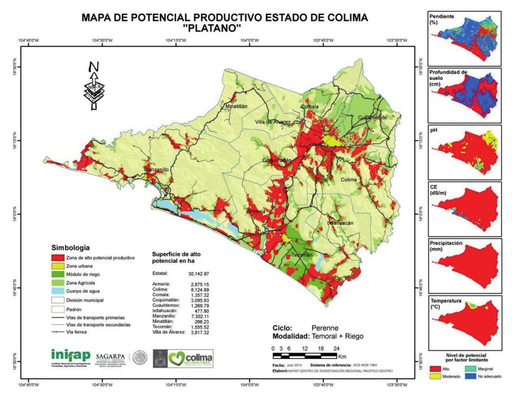 Figura 14. Áreas con alto potencial productivo de plátano en el estado de Colima.