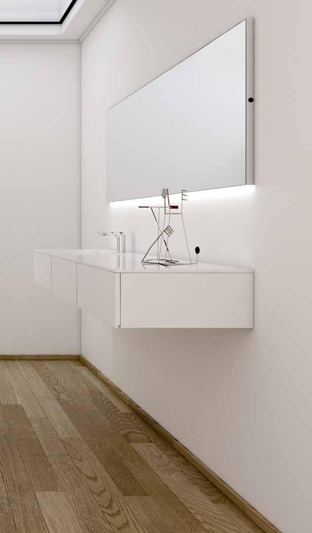 STRATO Wall mounted modules with drawer in Blanco 200B glossy Lacquer. Top in glossy Corian with integrated C5 washbasin. Mirror with LED lighting (ST379-3A).