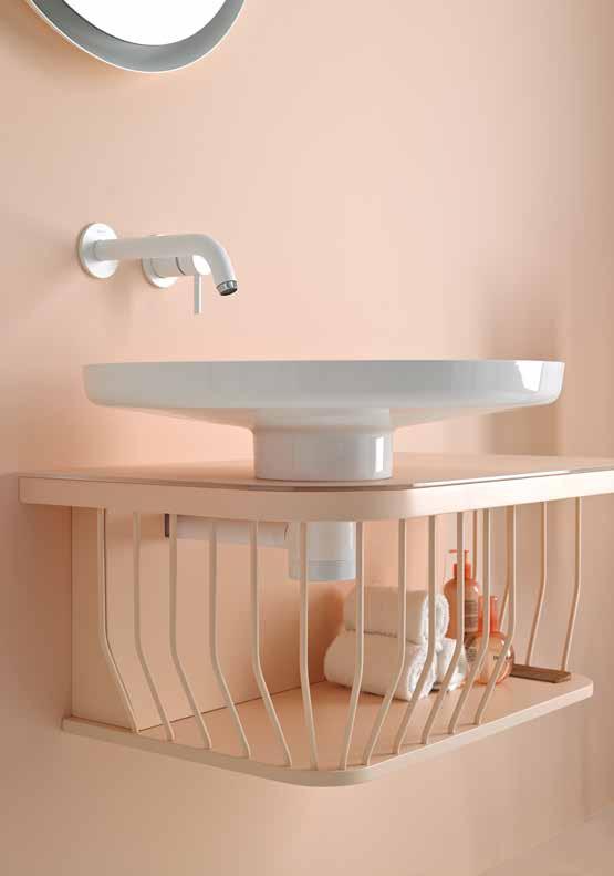 BOWL Top mount BOWL washbasin (BW001) in Ceramilux. Individual module in Apricot 202M matt Lacquer. Top in Apricot 202 matt Glass. Siphon (SI222) in glossy White.