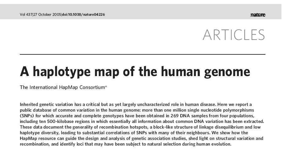 International HapMap Project (http://www.hapmap.org) International HapMap Project (http://www.hapmap.org) Fase I SNPs El catálogo haplotipos para cada bloque constituye -> el mapa haplotípico del genoma humano 1.