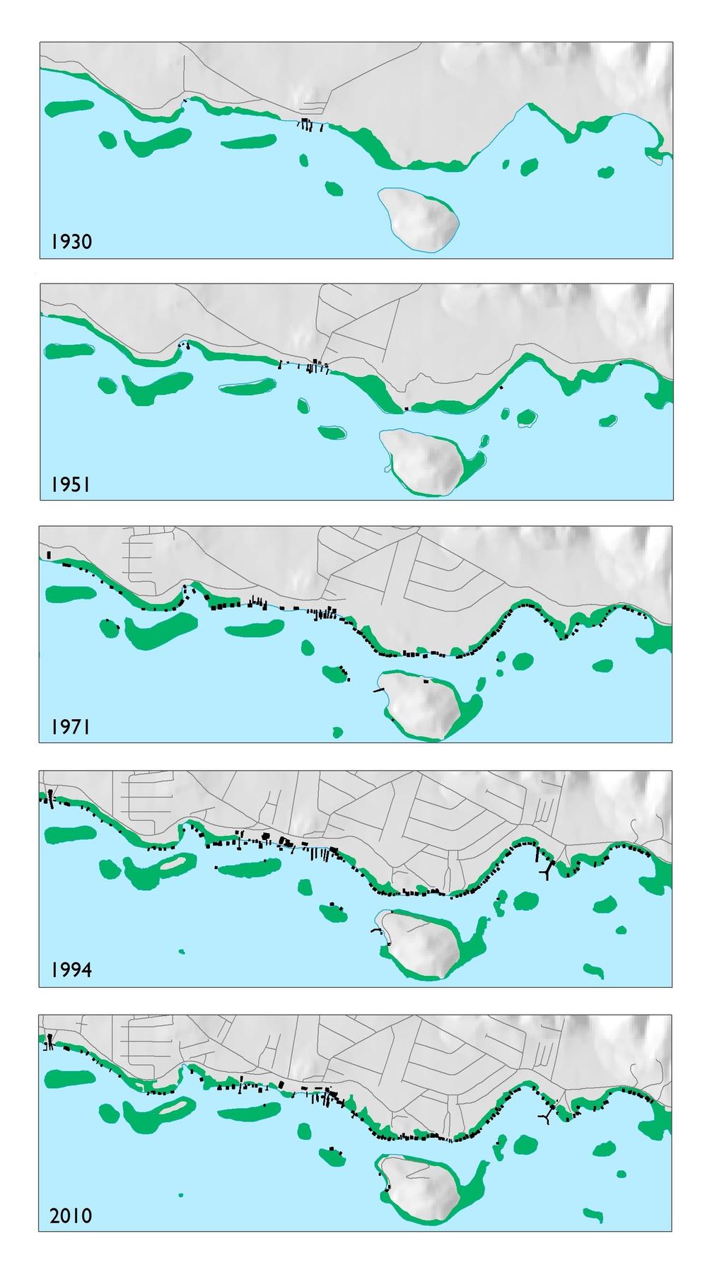Figura 6. Distribución de mangle en el área de estudio. Gráfica 4. Cambio en el área de mangle a través del tiempo Figura 7.