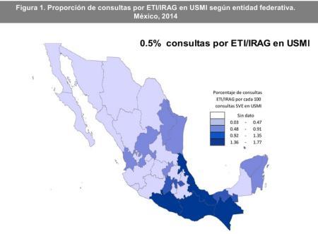 Las entidades con mayor proporción de consultas por ETI/IRAG en sitios centinelas de influenza fueron en Guerrero, Chiapas y Oaxaca.