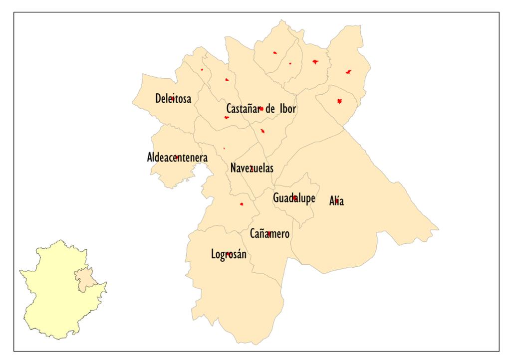 4.5. Geoparque Villuercas-Ibores-Jara Nota: Se han etiquetado los núcleos con una población superior a 500 habitantes. Establecimientos hoteleros 1.847 231 2.078 Alojamientos rurales 977 90 1.