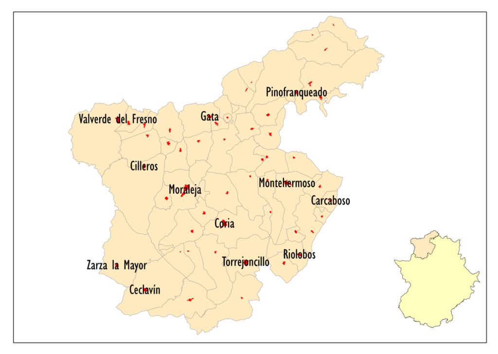 4.7. Sierra de Gata, Las Hurdes, Valle del Alagón Nota: Se han etiquetado los núcleos con una población superior a 1.000 habitantes. Establecimientos hoteleros 3.898 258 4.156 Alojamientos rurales 4.