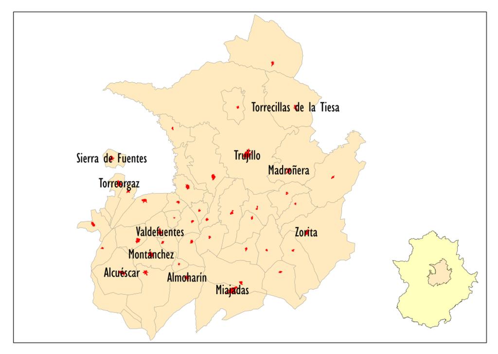 4.9. Trujillo, Miajadas, Montánchez Nota: Se han etiquetado los núcleos con una población superior a 1.000 habitantes. Establecimientos hoteleros 7.925 1.445 9.370 Alojamientos rurales 1.487 172 1.