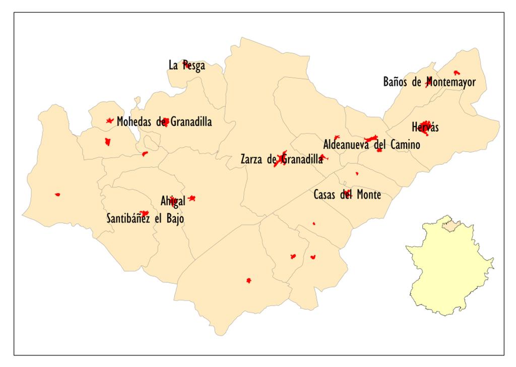 4.10. Valle del Ambroz, Tierras de Granadilla Nota: Se han etiquetado los núcleos con una población superior a 600 habitantes. Establecimientos hoteleros 3.917 1.051 4.968 Alojamientos rurales 3.