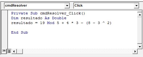 Por ejemplo, vamos a resolver, utilizando el código en VBA, la siguiente operación combinada: 19 mod 5+4*3-(8-3^2) Para ello, deberás descargar el archivo operadores.