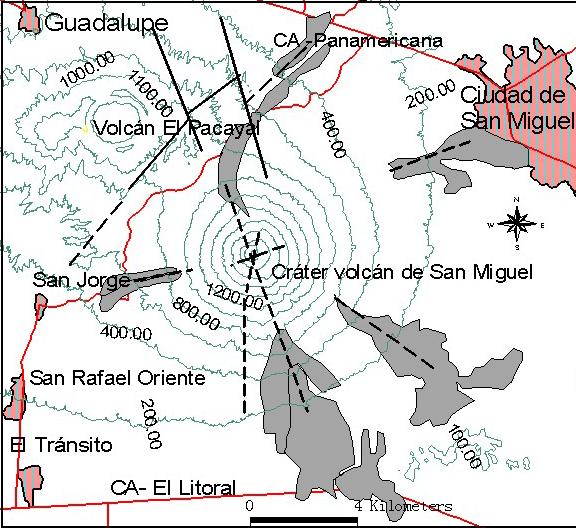 Memoria Técnica de los Mapas de Escenarios de Amenaza Volcánica Las estructuras dominantes aparecen bien expuestas al noroeste y noreste en los flancos del volcán, aunque también pequeñas fisuras