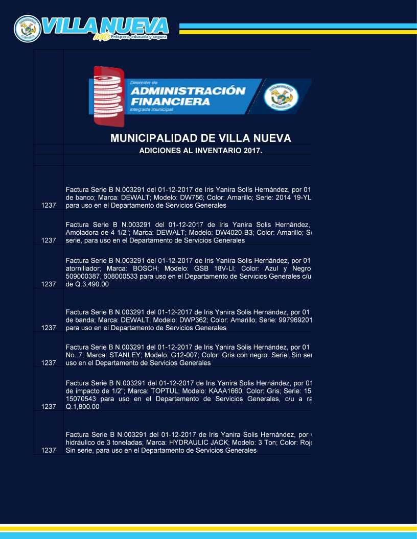 Departamento de Servicios Generales 3,700.00 Factura Serie B N.003291 del 01-12-2017 de Iris Yanira Solis Hernández, por 01 Garlopa No.