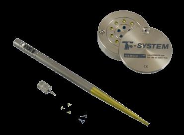 Membranas y chinchetas Ty-System Sistema de chinchetas y membranas de titanio para hueso TI-SYSTEM: Impactador para clavar las chinchetas, con una punta de titanio.