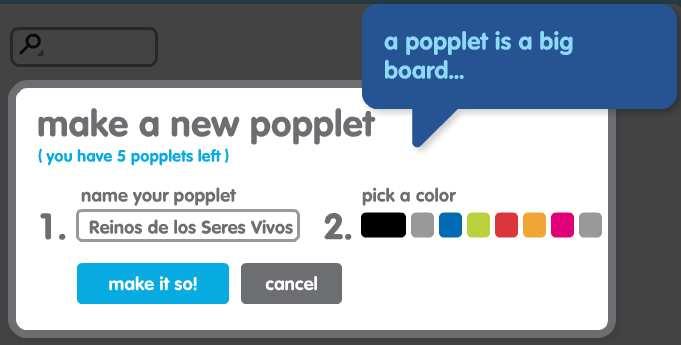 ejemplos de popplets, el botón ACCOUNT para cambiar la contraseña, un panel donde aparecerán