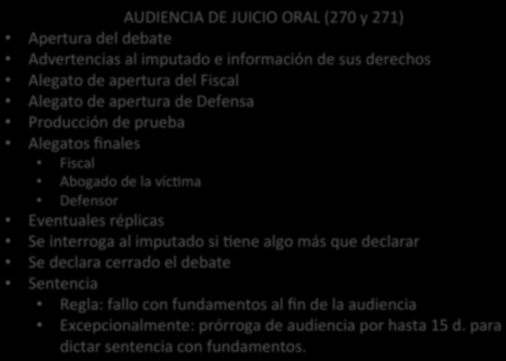 AUDIENCIA DE JUICIO ORAL (270 y 271) Apertura del debate Advertencias al imputado e información de sus derechos Alegato de