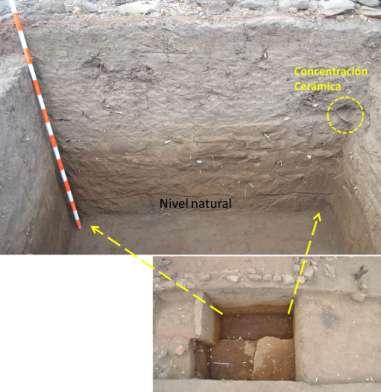 nivel se conforma por un tipo de toba muy suave, arenosa y de color gris verdoso, sin presencia de material arqueológico alguno. En total la excavación de este sector fue de 1.55m. (ver imagen 19).