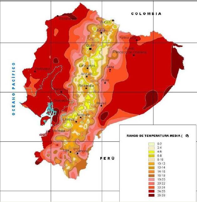 Figura 4 MAPA DE ISOTERMAS DEL ECUADOR Fuente: DINAREN-CLIRSEN En general, el clima de esta zona está influenciado por factores que inciden notoriamente como son: la corriente fría de Humboldt, la
