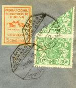 Fragmento con sellos de Emilio Castelar y Nicolás Salmerón de Huelva a Huelva «Por Avión». En el matasellos CORREO AERO en vez de AEREO.